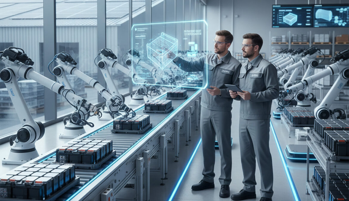 Engineers overseeing an automated production line in a modern European manufacturing facility with industrial robots and digital interfaces.