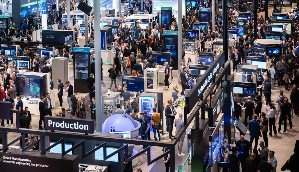 Hannover Messe 2026 industrial exhibition hall with robots and visitors