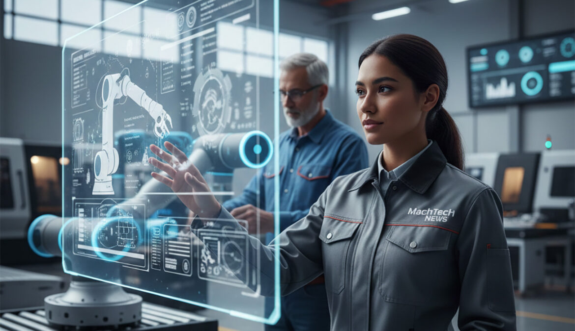 Modern hybrid workforce analyzing digital data in a smart factory