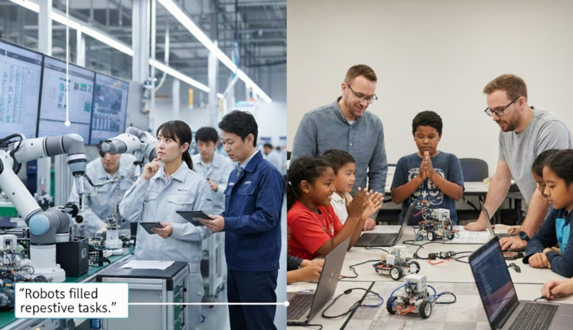 Modern robotic arms in a high-tech factory setting, symbolizing industrial innovation and automation solutions for the global workforce shortage.