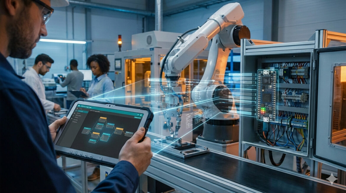 Engineers using Arduino App Lab 2026 low-code interface for industrial automation on a factory floor.