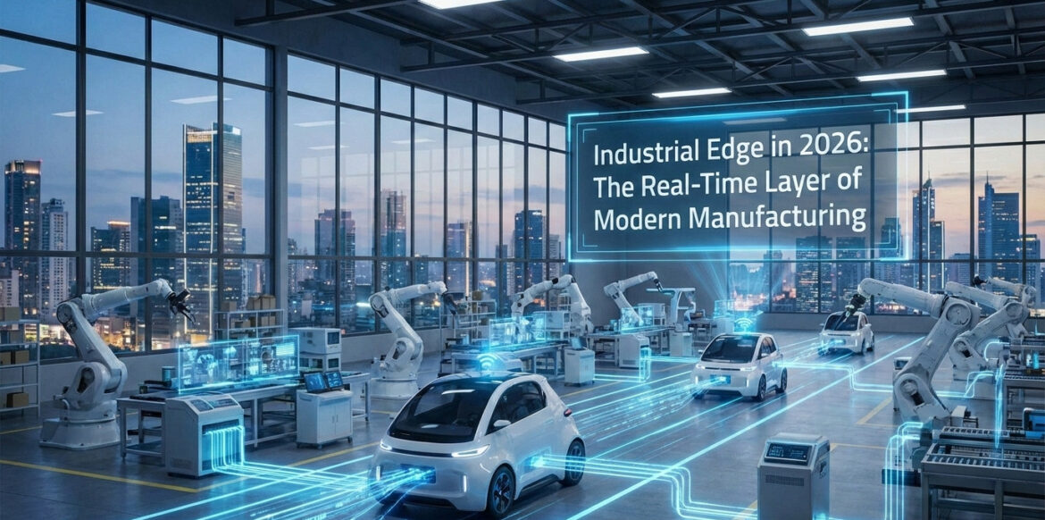 Industrial Edge computing and real-time AI processing in a modern 2026 factory floor
