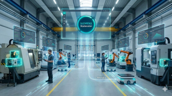 Siemens Xcelerator digital ecosystem connecting industrial robots and CNC machines in a modern factory.