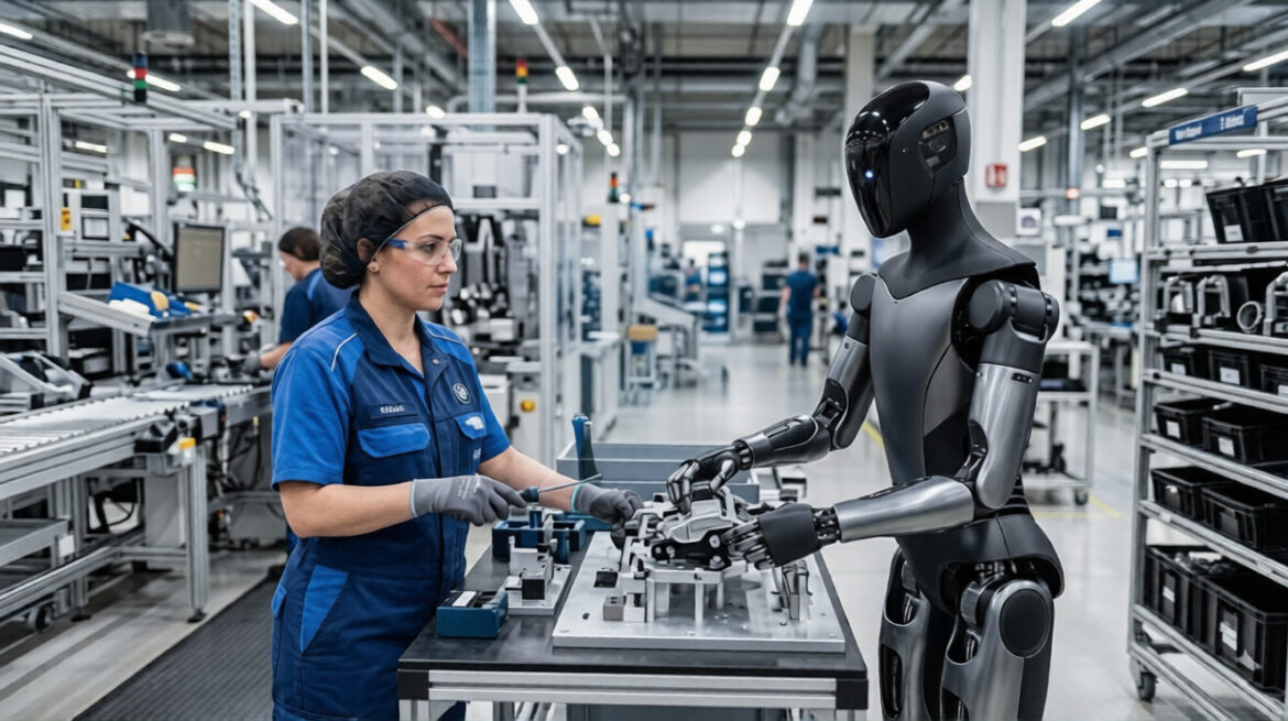 Humanoid robots working alongside a female operator in a high-tech automotive factory setting.
