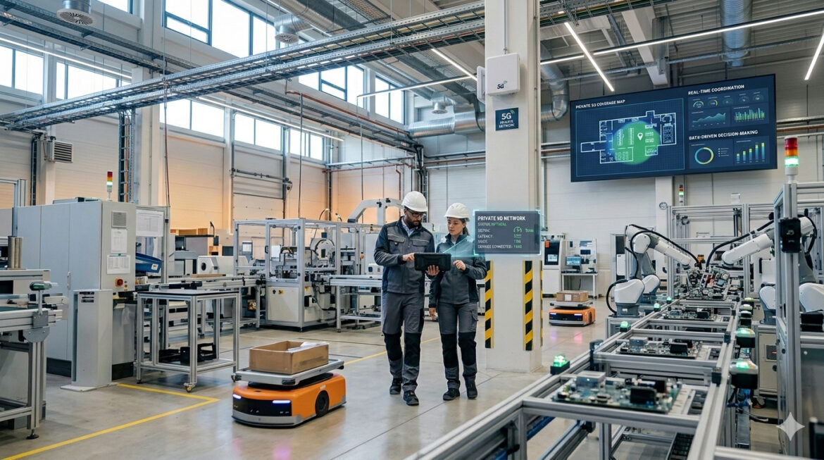 Industrial Private 5G Networks providing stable connectivity for smart factory robots and automation systems.