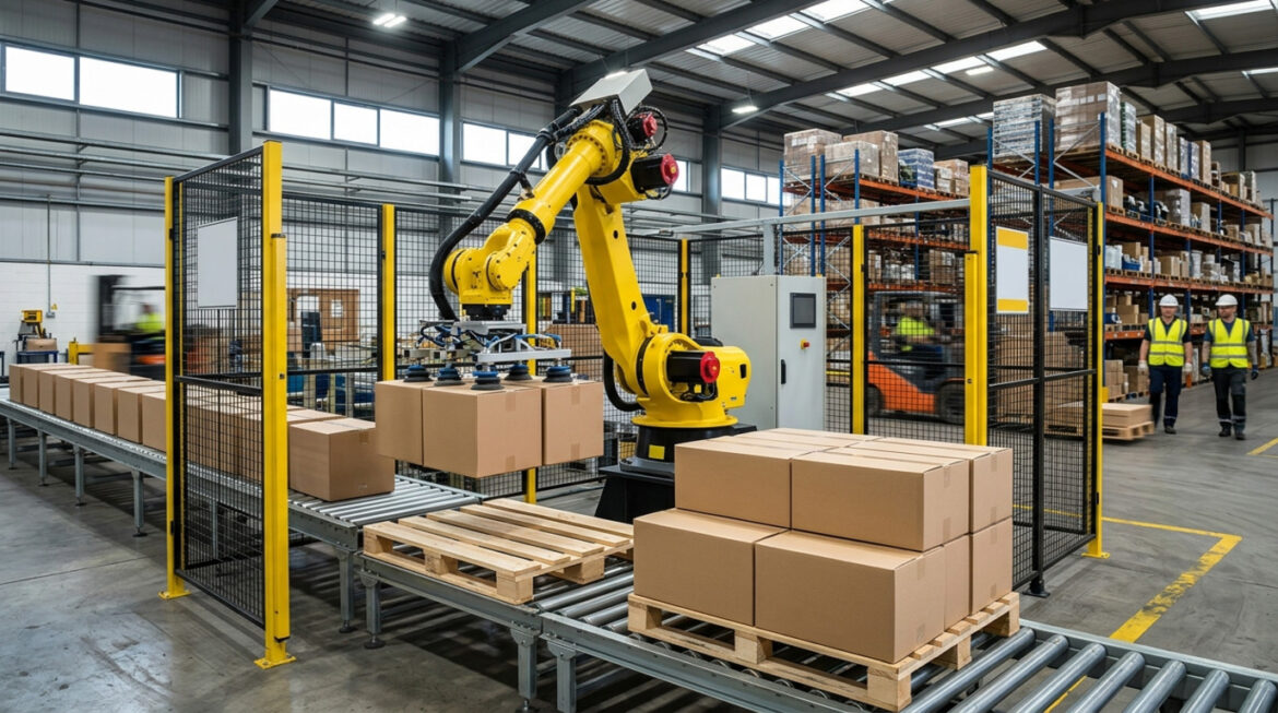 FANUC M-410iC robot palletizing boxes in a modern warehouse facility.