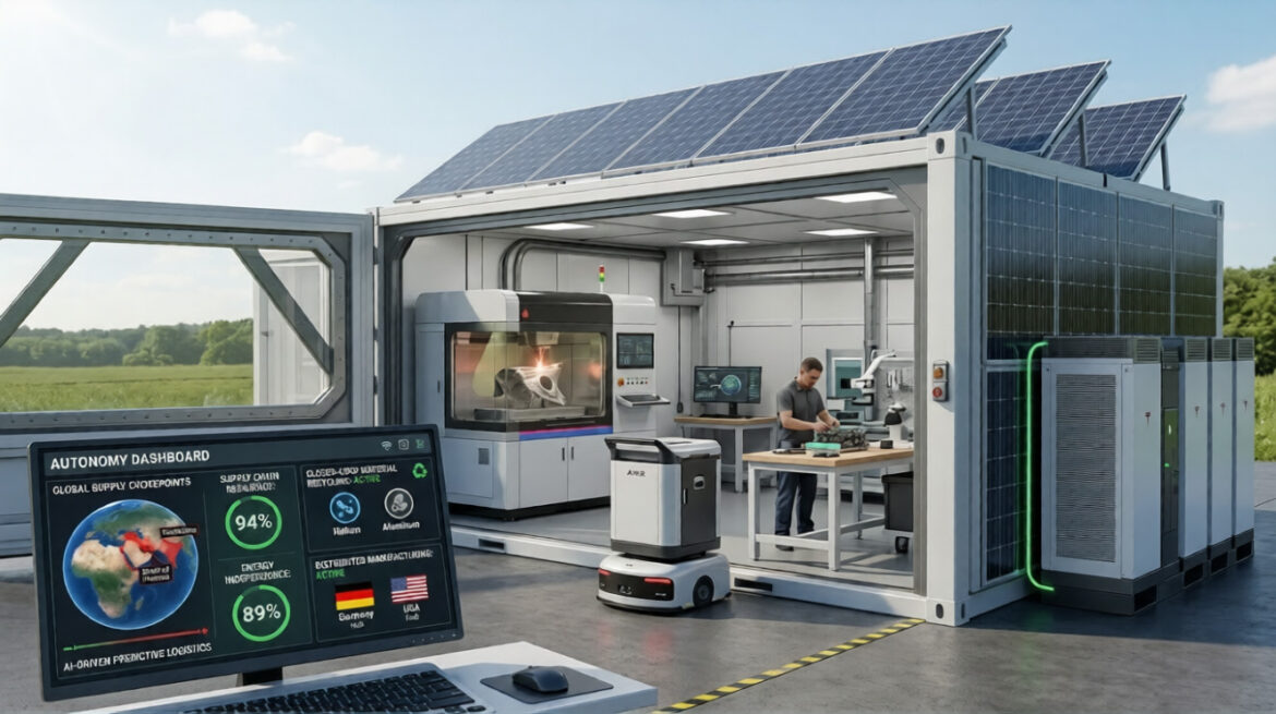 Industrial Autonomy dashboard showing global supply chokepoints and micro-factory status.