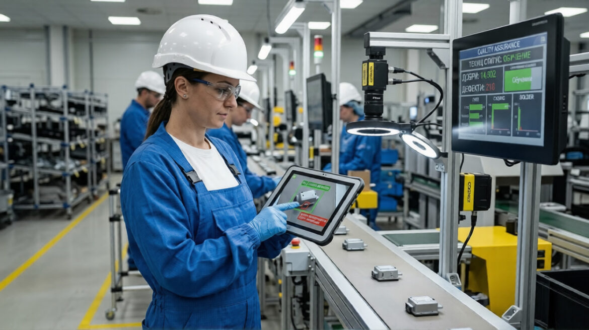 Industry 5.0 operator training an AI vision system in a modern smart factory.