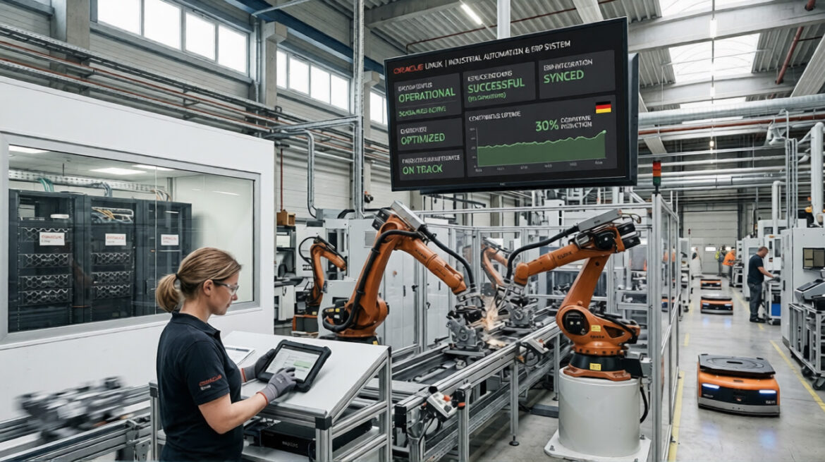 Oracle Linux industrial automation dashboard with 30 percent downtime reduction graph.