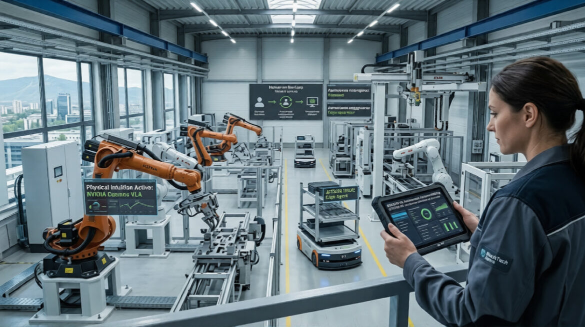 An engineer using a tablet to monitor autonomous industrial robots and Agentic AI in manufacturing workflow.