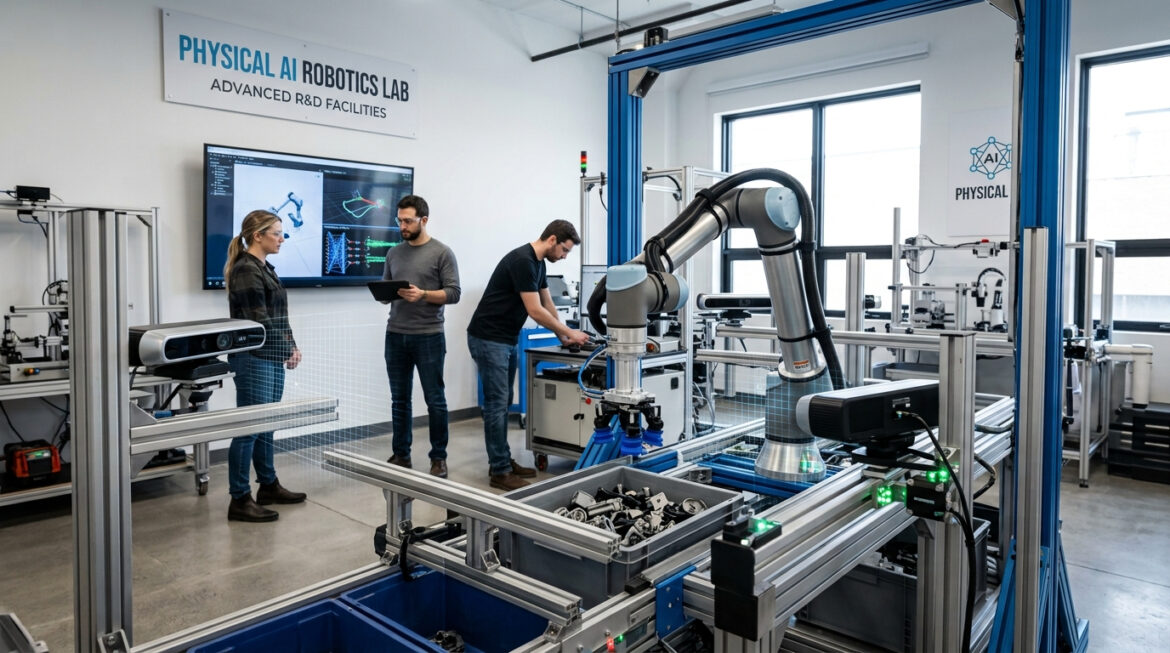 Engineers testing robotic arm in Physical AI Robotics Lab